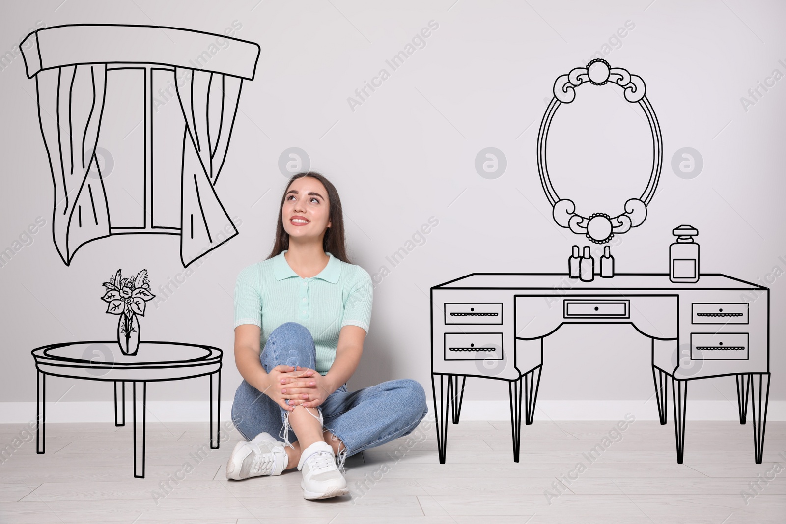 Image of Young woman dreaming about renovation on floor. Illustrated interior design