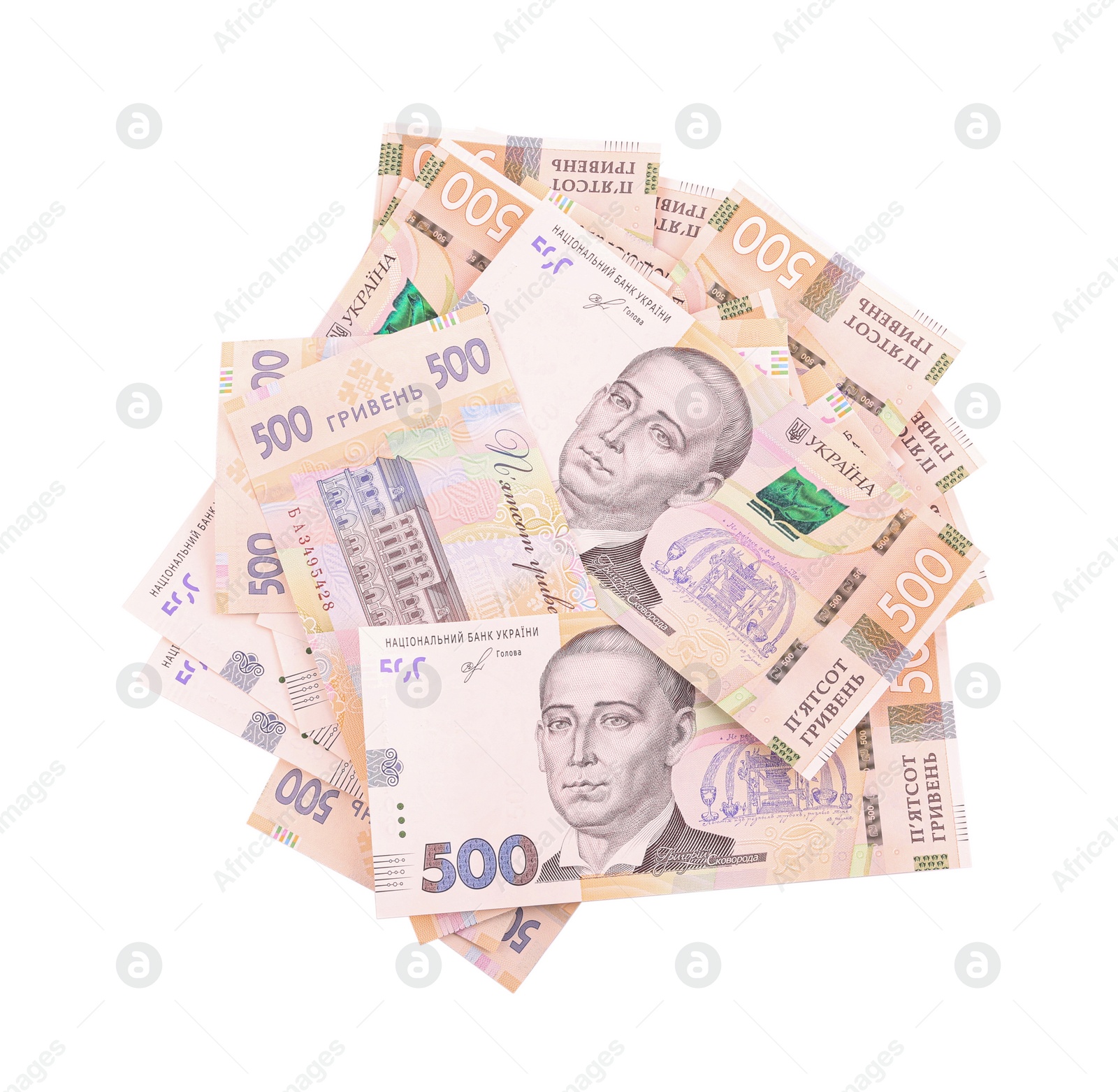 Photo of 500 Ukrainian Hryvnia banknotes on white background, top view