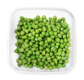 Photo of Fresh peas in plastic container isolated on white, top view