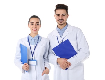 Photo of Happy young medical students on white background