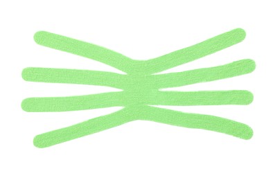 Green kinesio tape piece on white background, top view