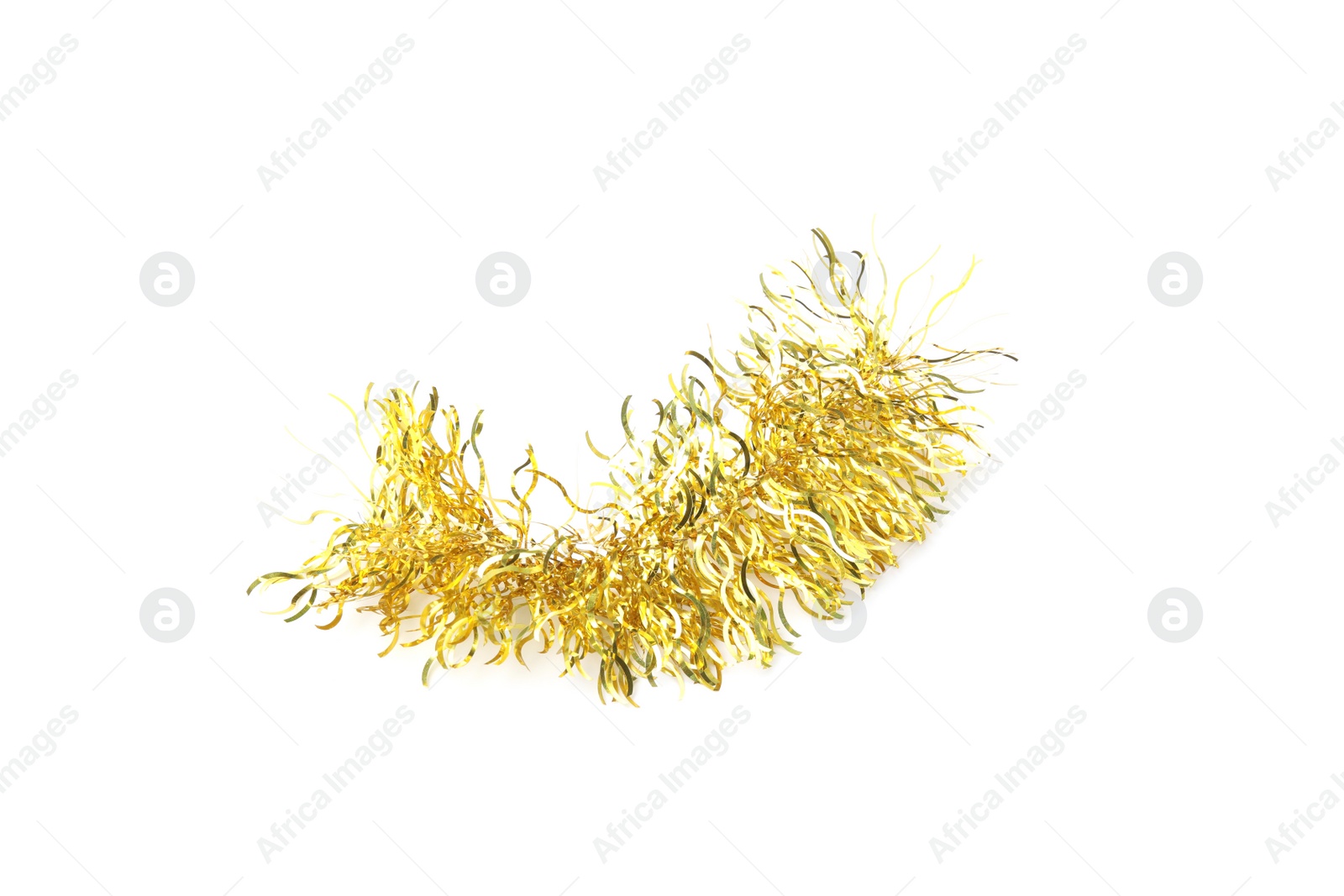 Photo of Piece of shiny golden tinsel isolated on white. Christmas decoration