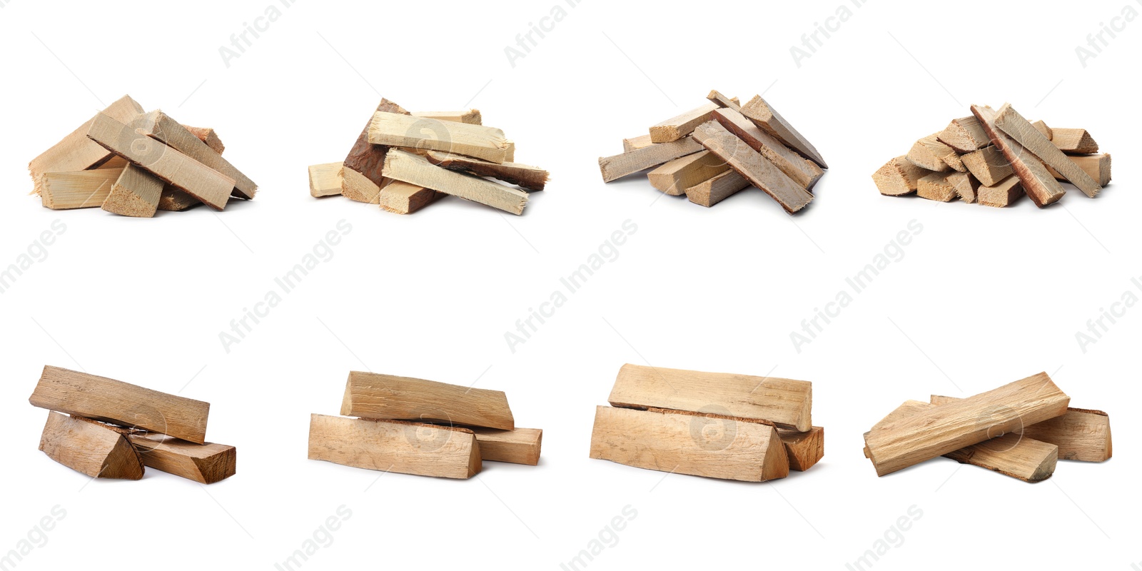 Image of Set of cut firewood on white background. Banner design