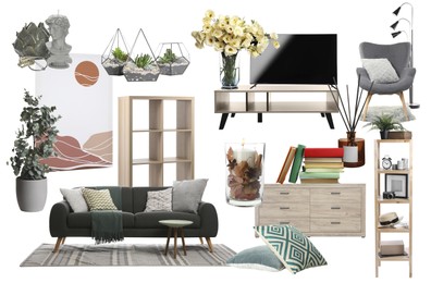 Image of Living room interior design. Collage with different combinable furniture and decorative elements on white background