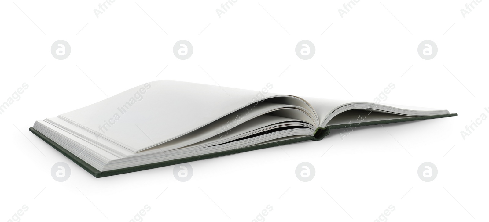 Photo of Open book with hard cover on white background