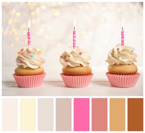 Image of Birthday cupcakes with candles on white wooden table against blurred lights and color palette. Collage
