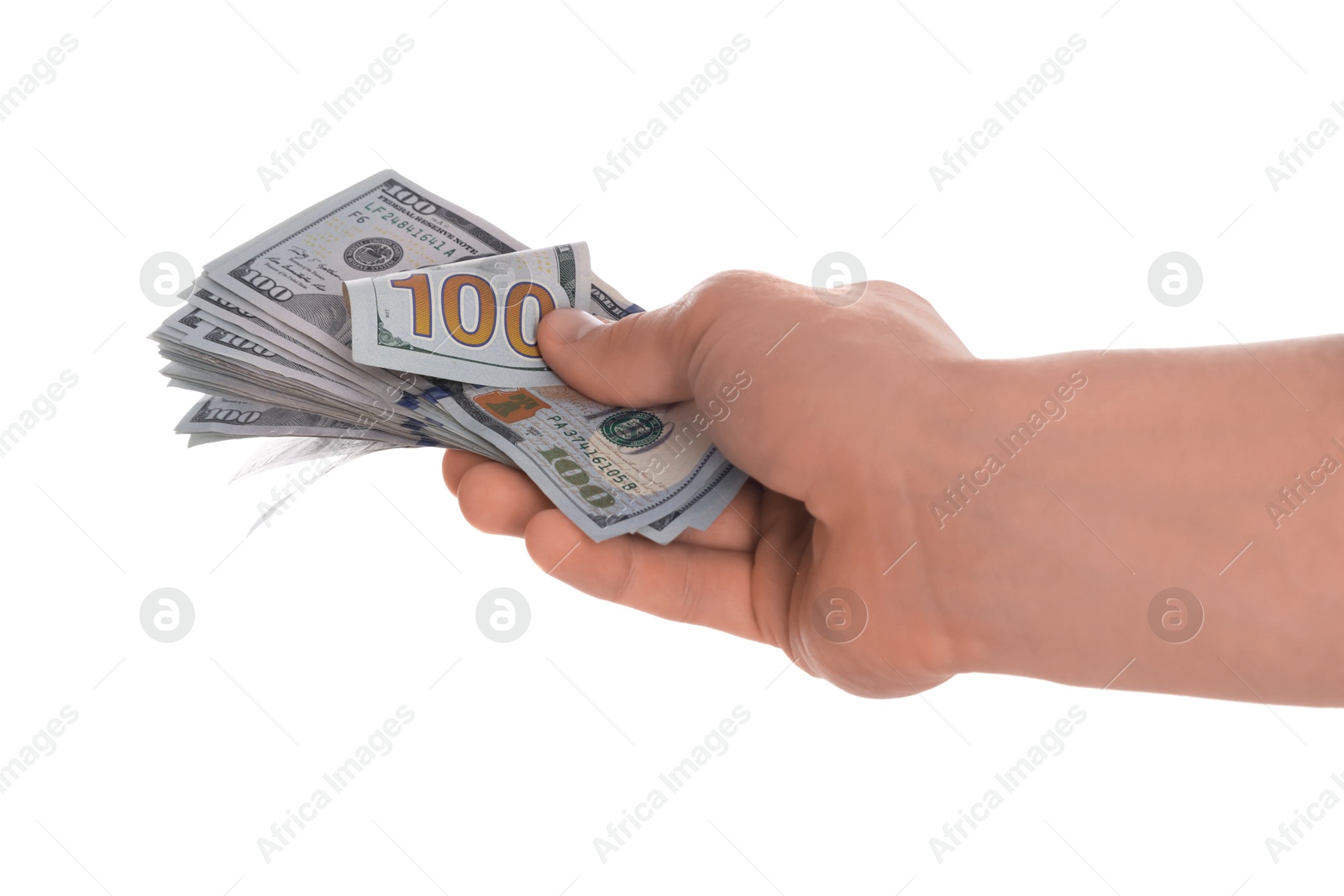 Photo of Money exchange. Man holding dollar banknotes on white background, closeup