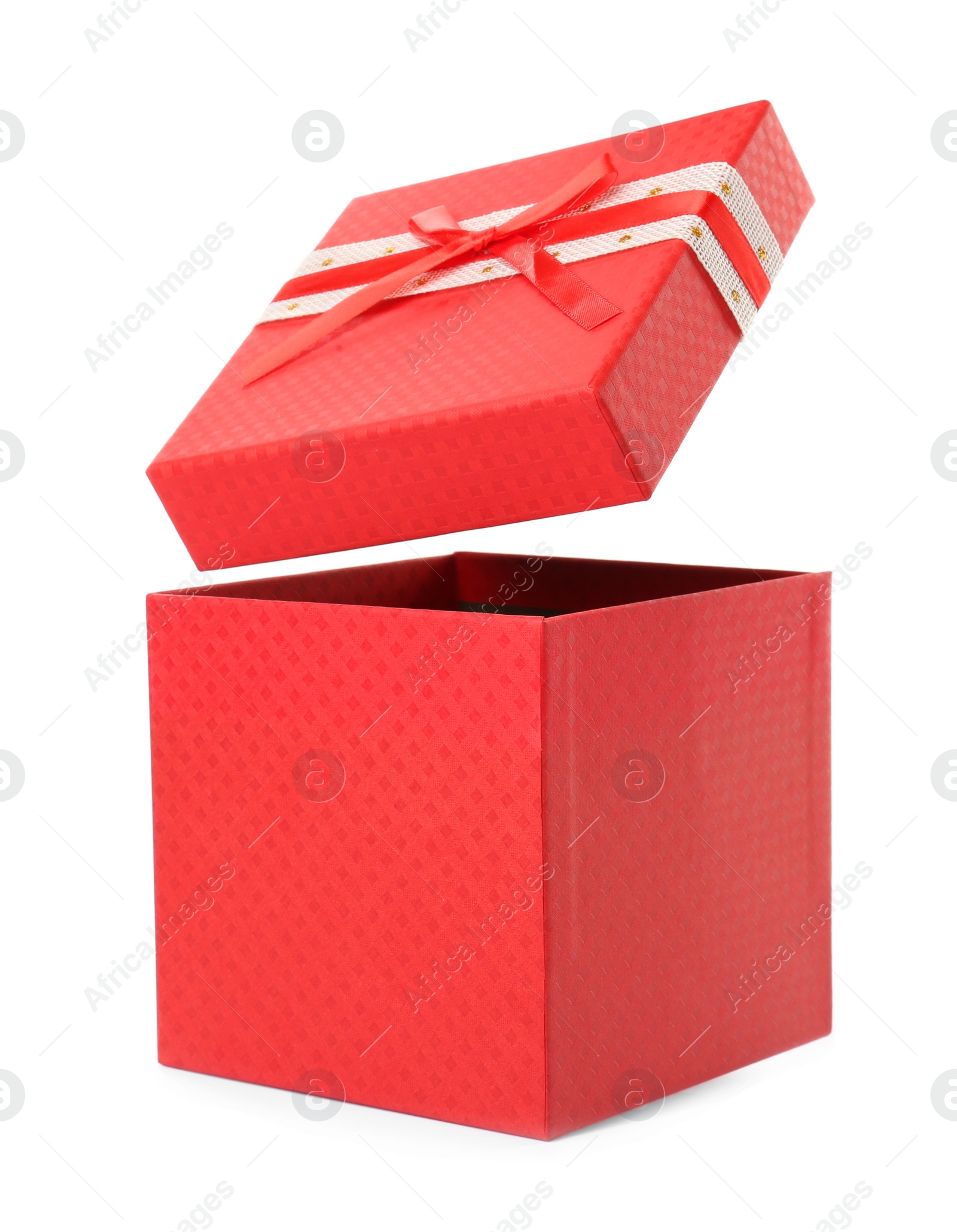 Photo of Beautiful red gift box with lid on white background