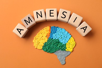 Word Amnesia and brain with sections made of plasticine on orange background, flat lay