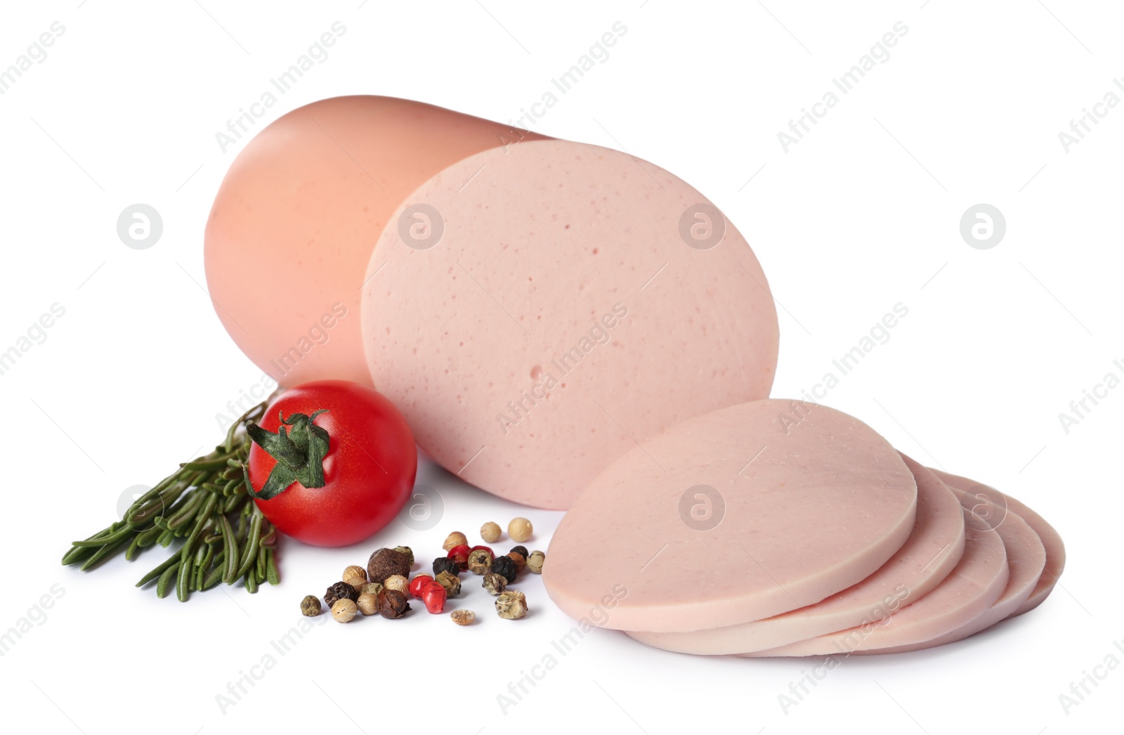 Photo of Tasty boiled sausage with tomato, rosemary and peppercorns on white background