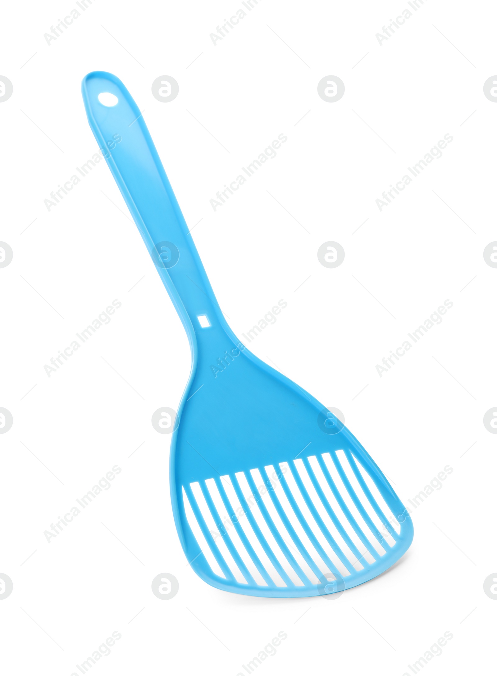 Photo of Light blue plastic scoop for cat litter isolated on white