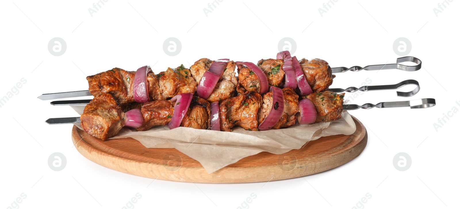 Photo of Metal skewers with delicious meat and onion on white background