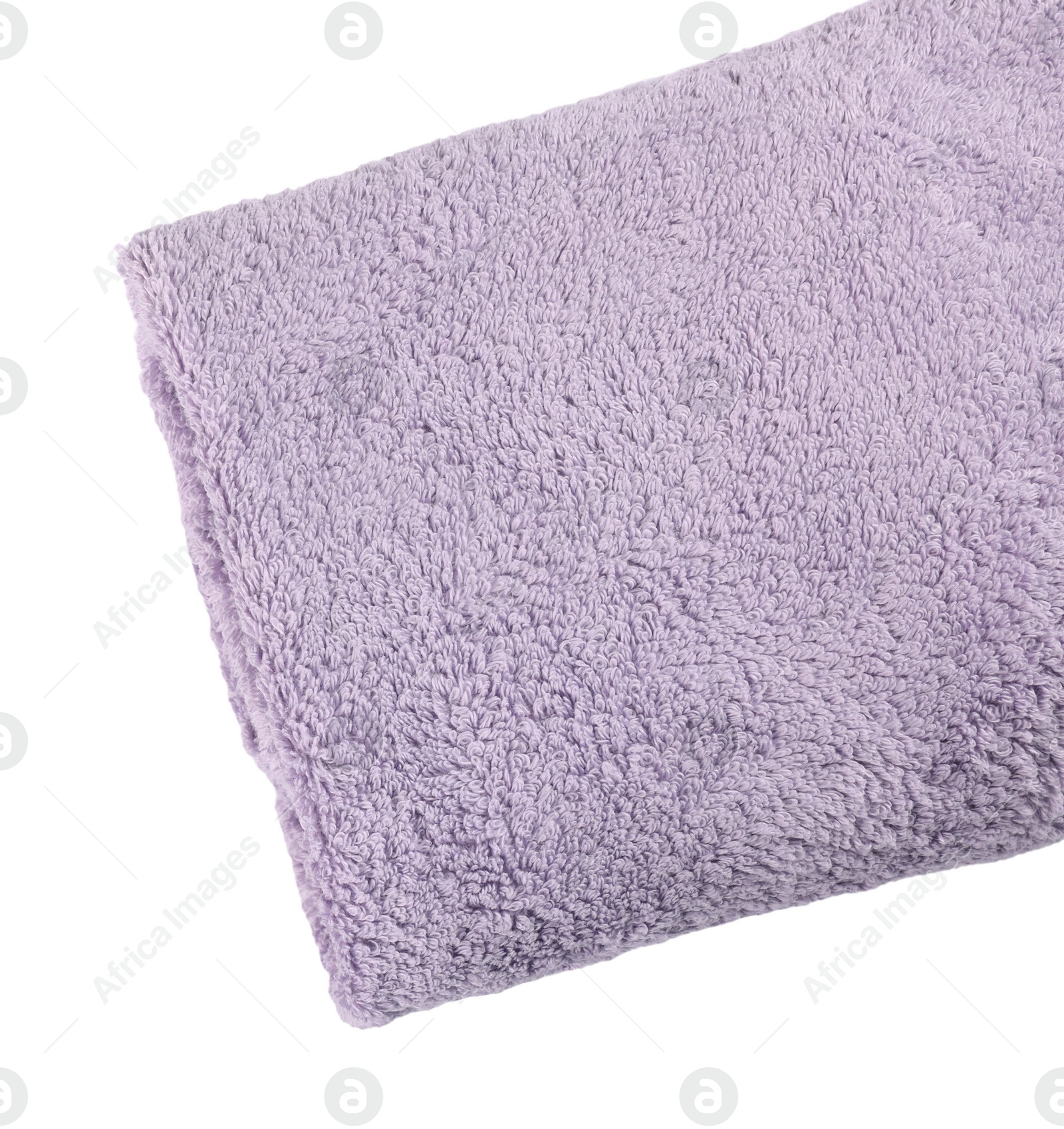 Photo of Soft light purple terry towel isolated on white, top view