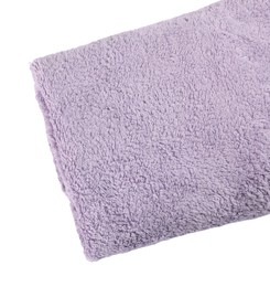 Photo of Soft light purple terry towel isolated on white, top view