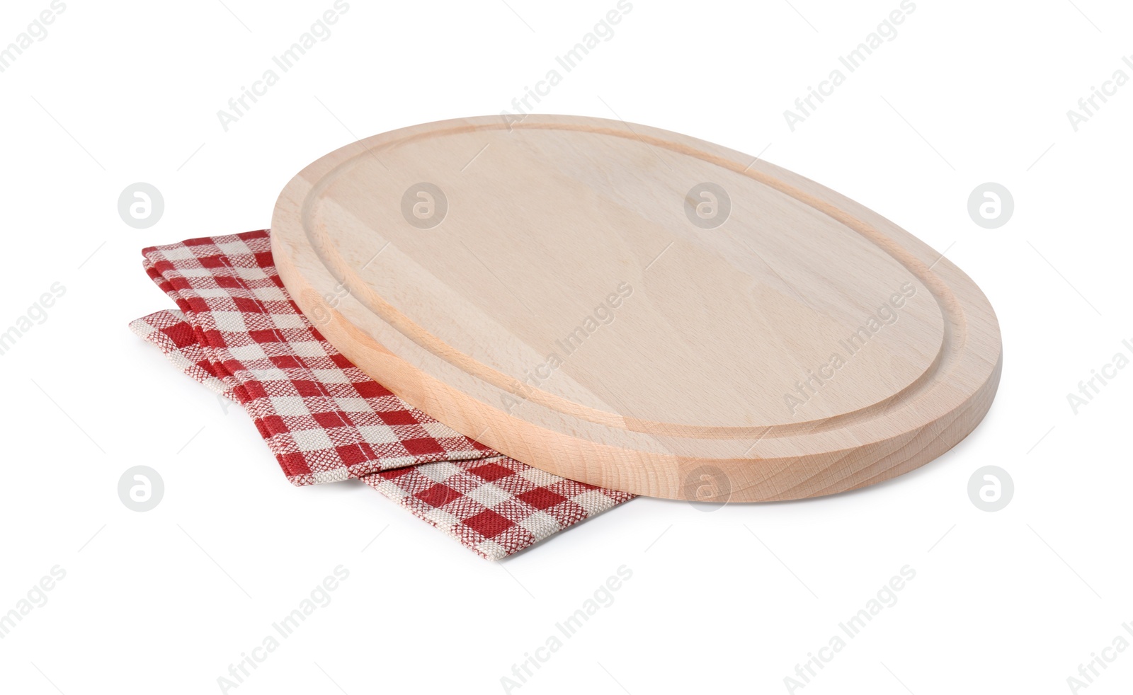 Photo of Wooden cutting board and checkered towel isolated on white