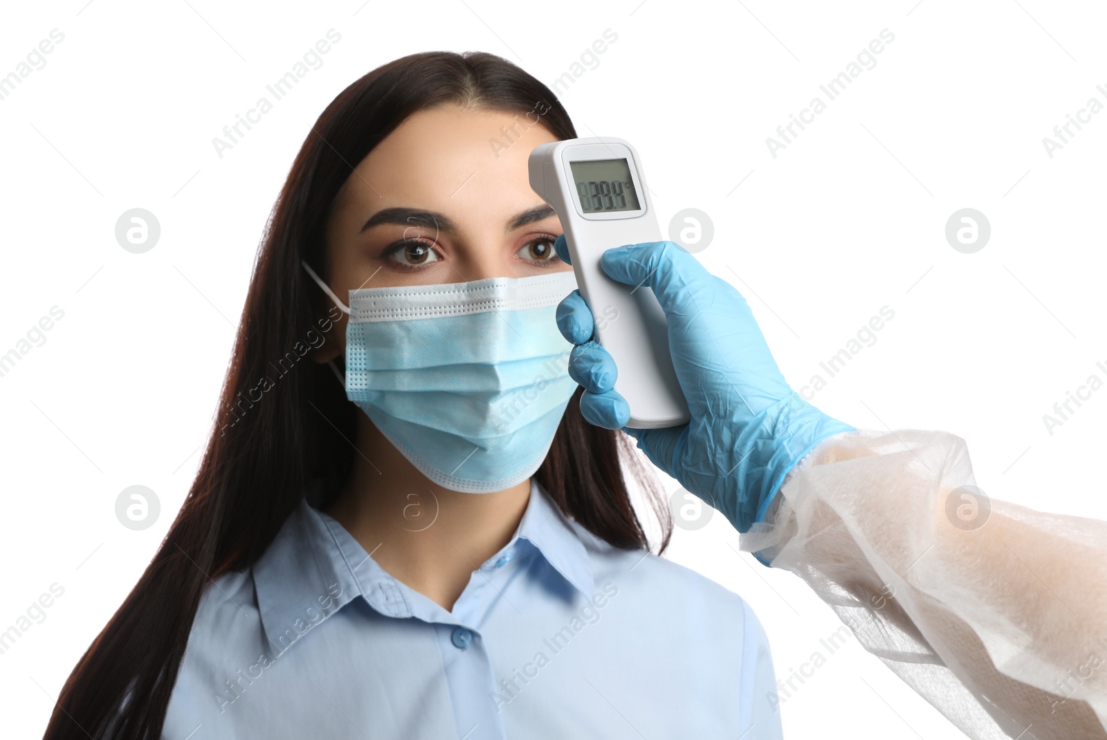 Photo of Doctor measuring woman's temperature on white background, closeup. Prevent spreading of Covid-19