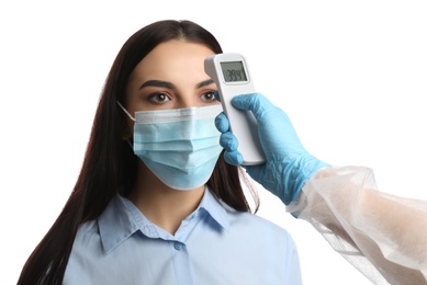 Doctor measuring woman's temperature on white background, closeup. Prevent spreading of Covid-19