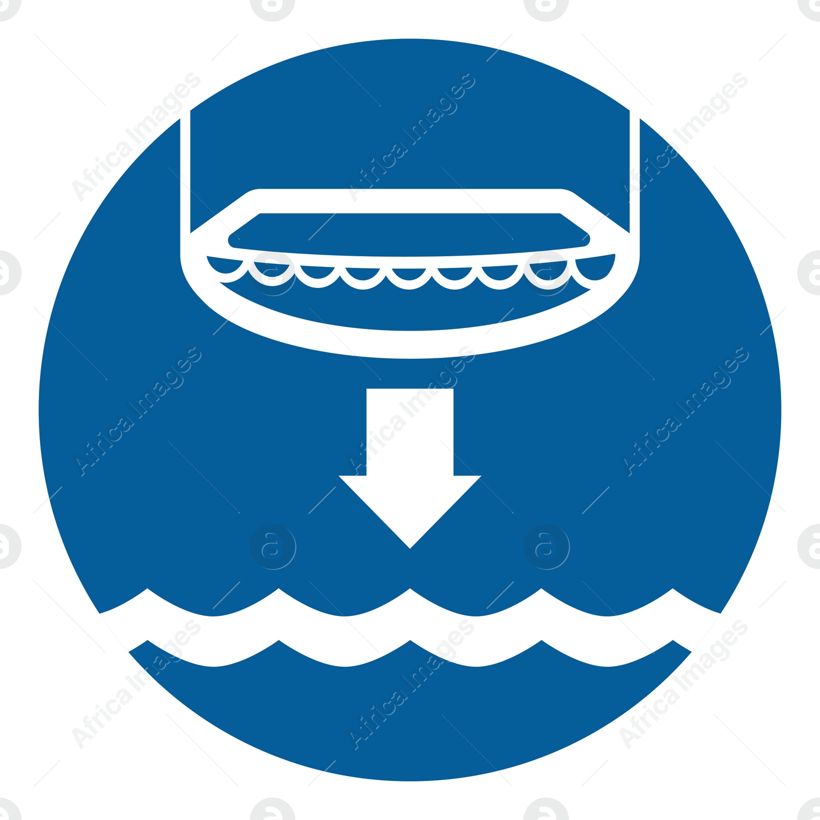 Image of International Maritime Organization (IMO) sign, illustration. Lower lifeboat to water