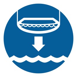Image of International Maritime Organization (IMO) sign, illustration. Lower lifeboat to water