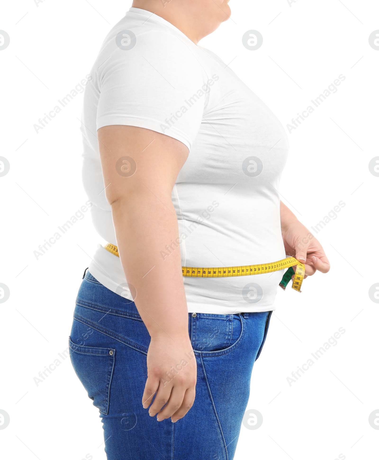 Photo of Overweight woman with measuring tape on white background