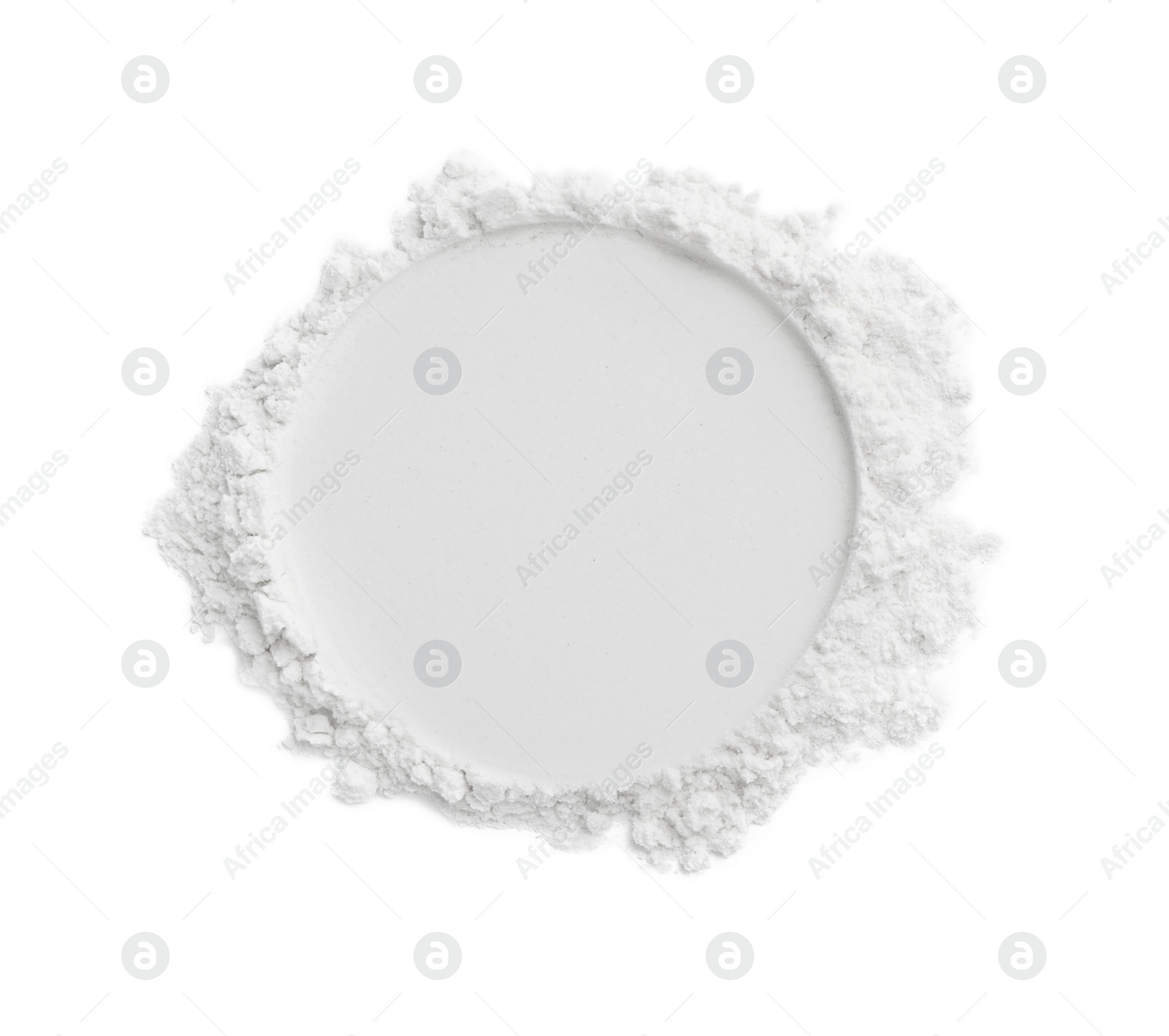 Photo of Rice loose face powder isolated on white, top view. Makeup product