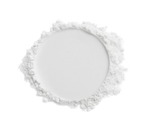 Rice loose face powder isolated on white, top view. Makeup product