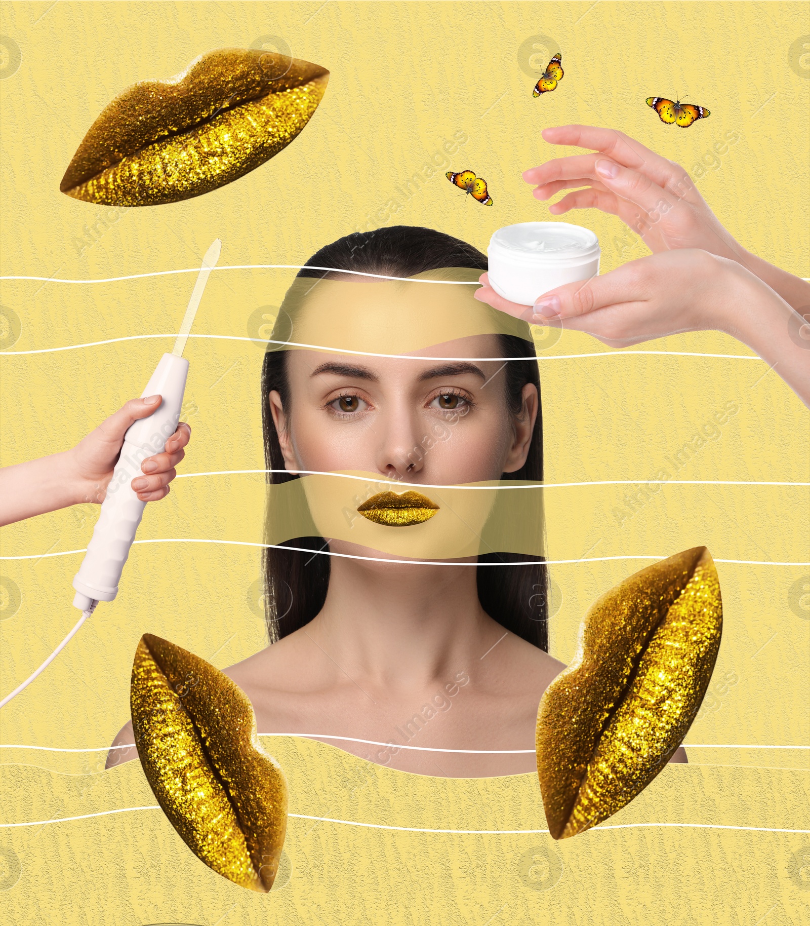 Image of Cosmetology and skincare. Creative collage with woman, darsonval and cream on yellow background