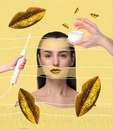 Image of Cosmetology and skincare. Creative collage with woman, darsonval and cream on yellow background