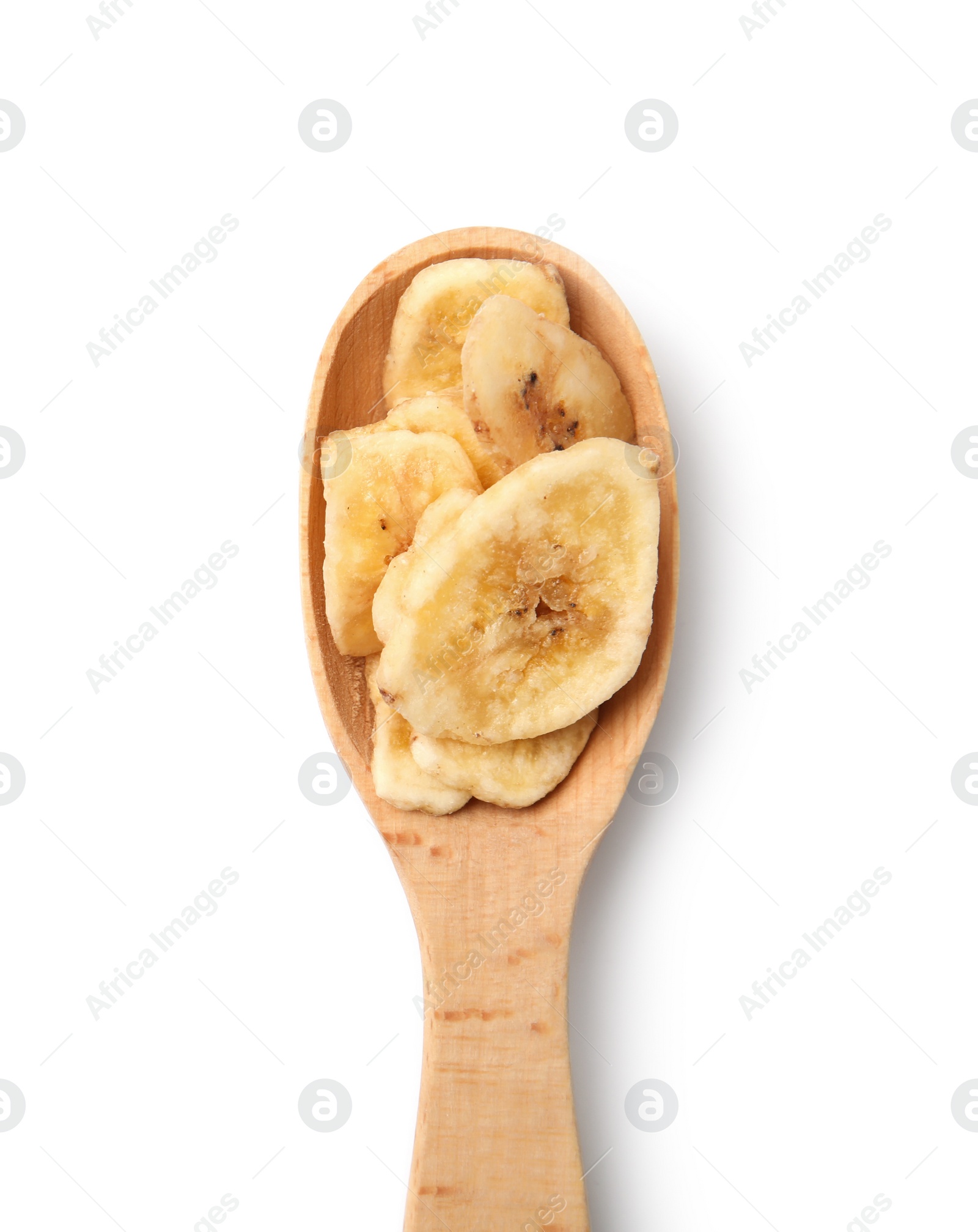 Photo of Wooden spoon with banana slices on white background, top view. Dried fruit as healthy snack