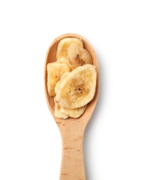 Wooden spoon with banana slices on white background, top view. Dried fruit as healthy snack