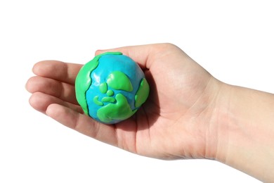 Photo of Woman holding plasticine model of planet Earth on white background, closeup