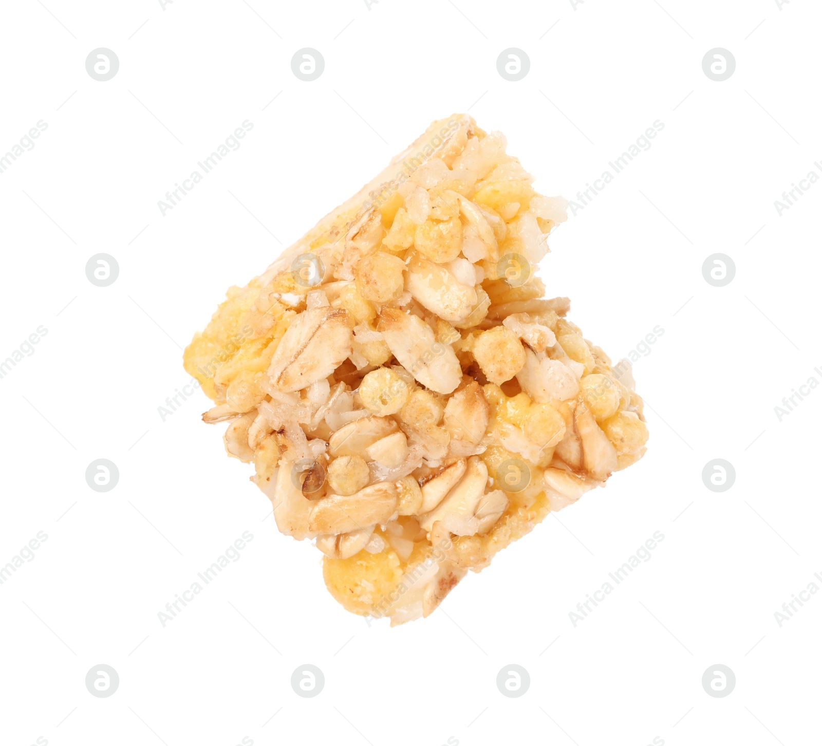 Photo of One piece of tasty granola bar isolated on white