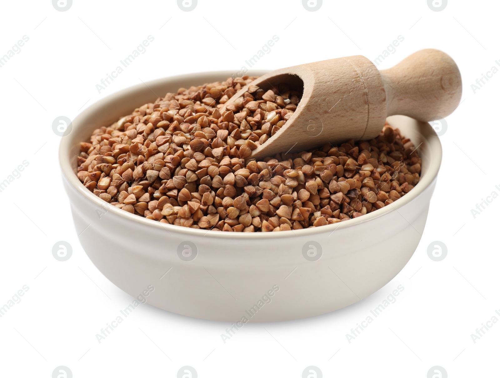 Photo of Bowl and scoop with dry buckwheat isolated on white