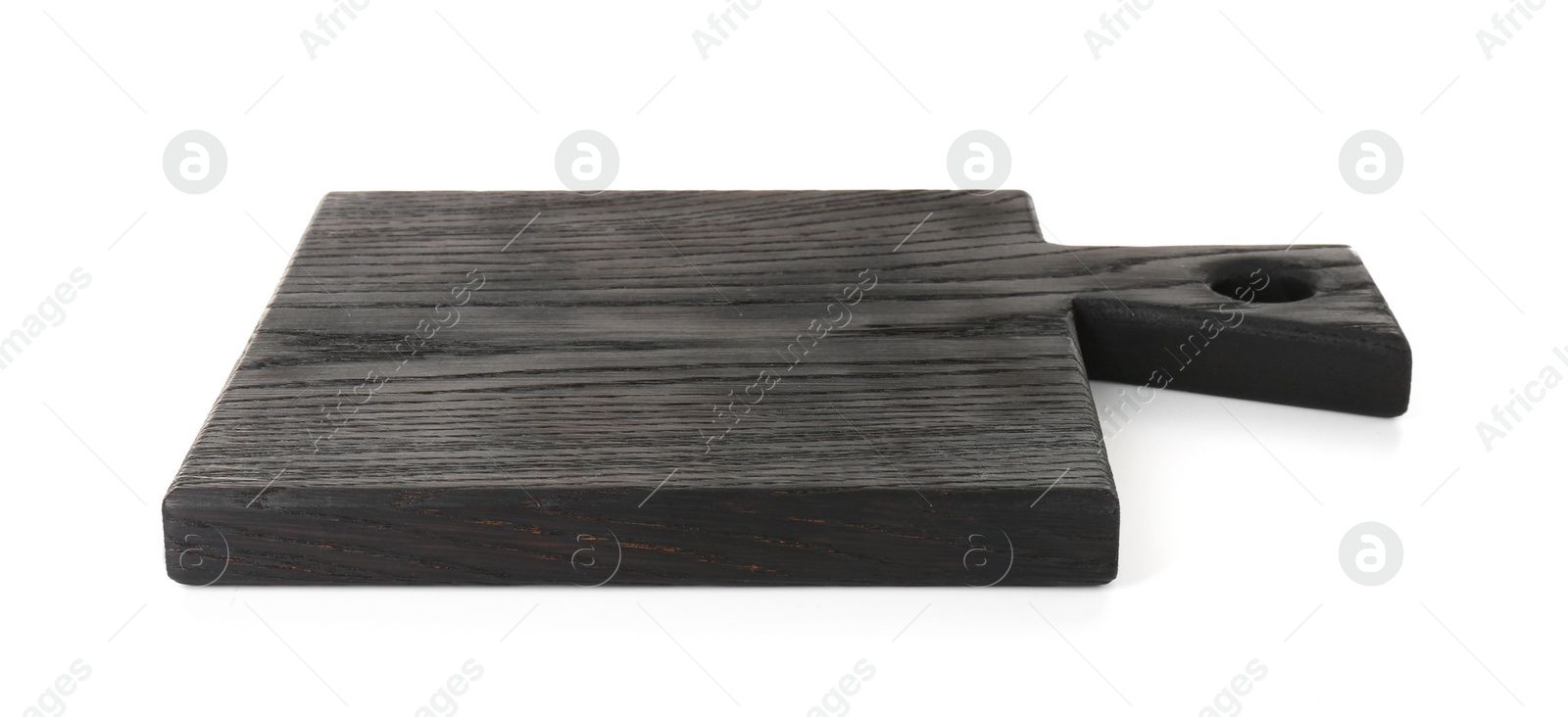 Photo of Black wooden cutting board isolated on white