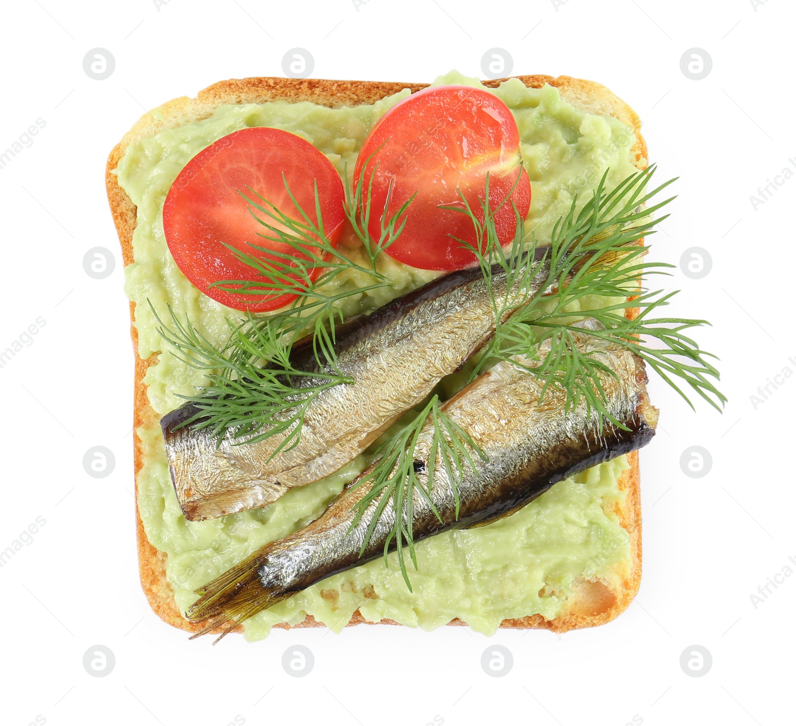 Delicious sandwich with sprats, tomatoes, dill and avocado puree isolated on white, top view Photo of Delicious sandwich with sprats, tomatoes, dill and avocado puree isolated on white, top view
