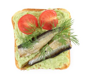 Photo of Delicious sandwich with sprats, tomatoes, dill and avocado puree isolated on white, top view