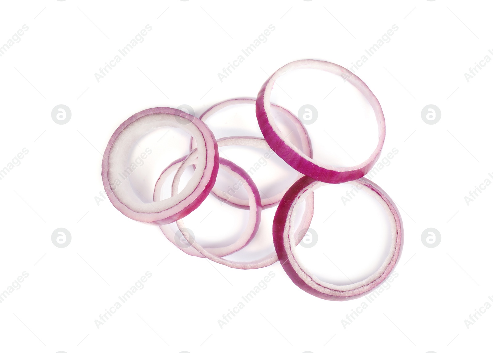 Photo of Red onion rings on white background, top view