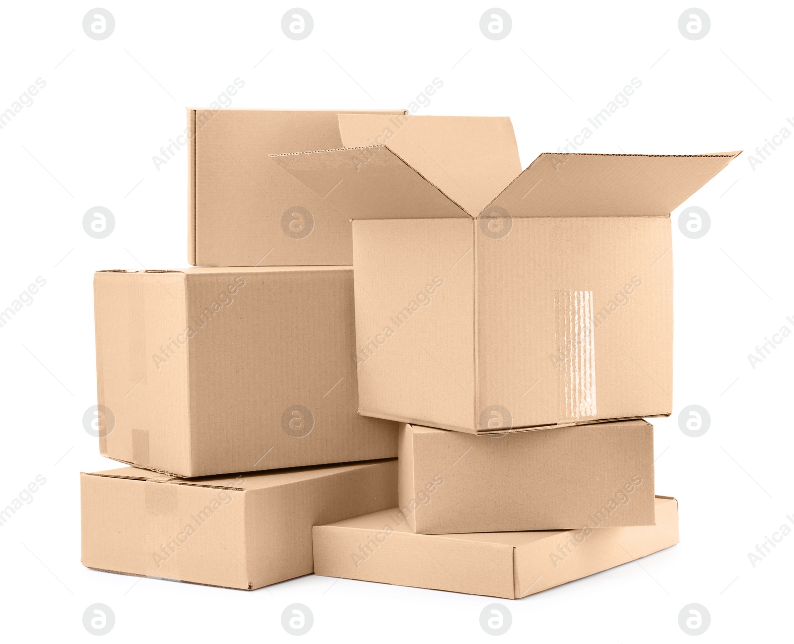 Photo of Pile of cardboard boxes on white background