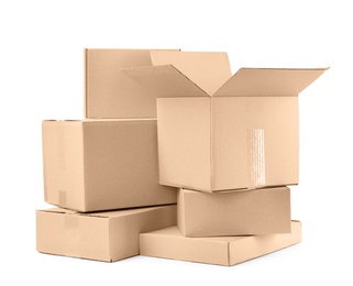 Photo of Pile of cardboard boxes on white background