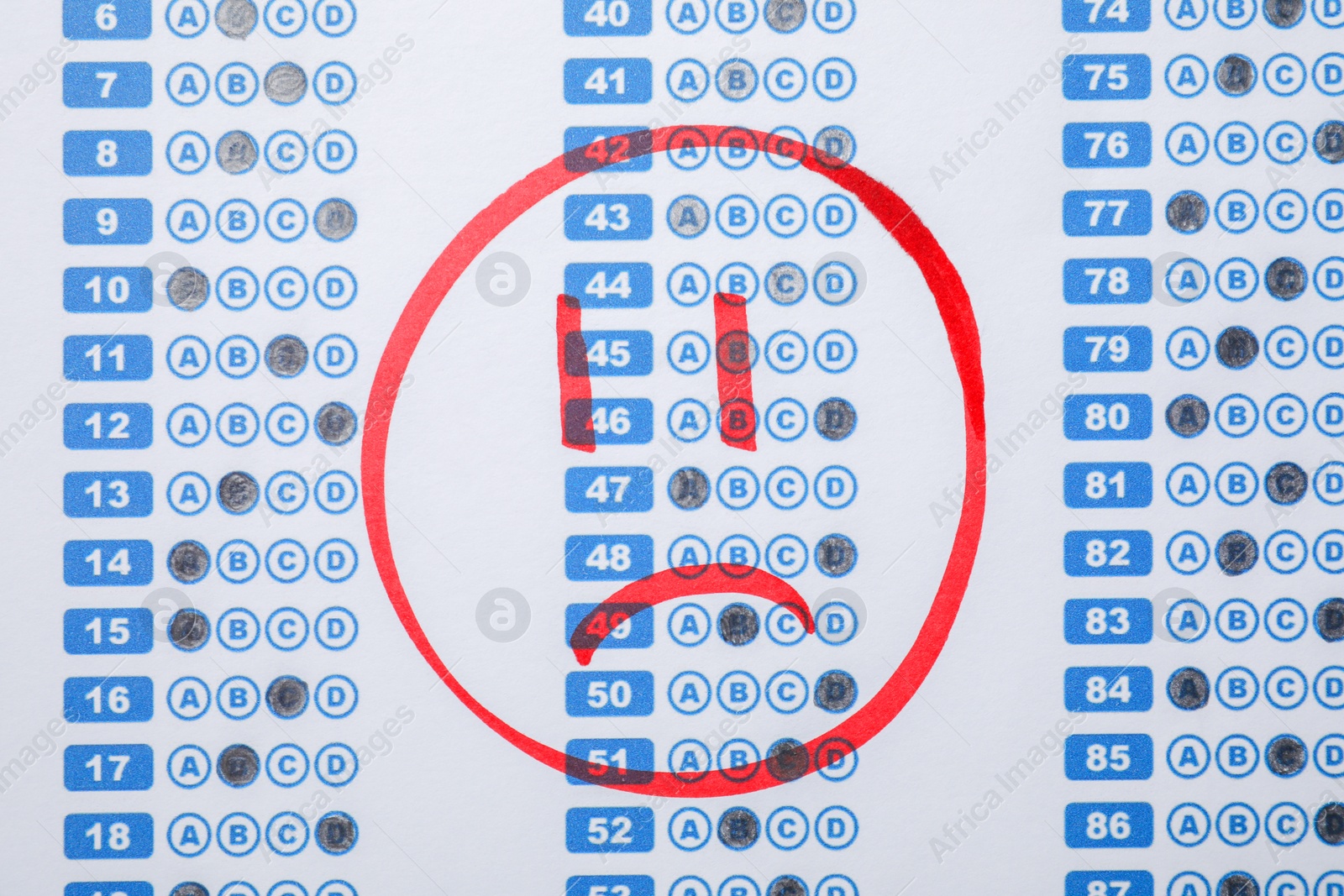 Photo of Sad face drawn on answer sheet, top view. Student passing exam