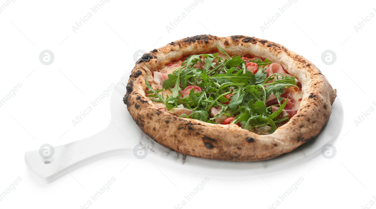 Photo of Tasty pizza with meat and arugula isolated on white