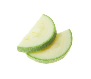 Photo of Slices of ripe zucchini on white background
