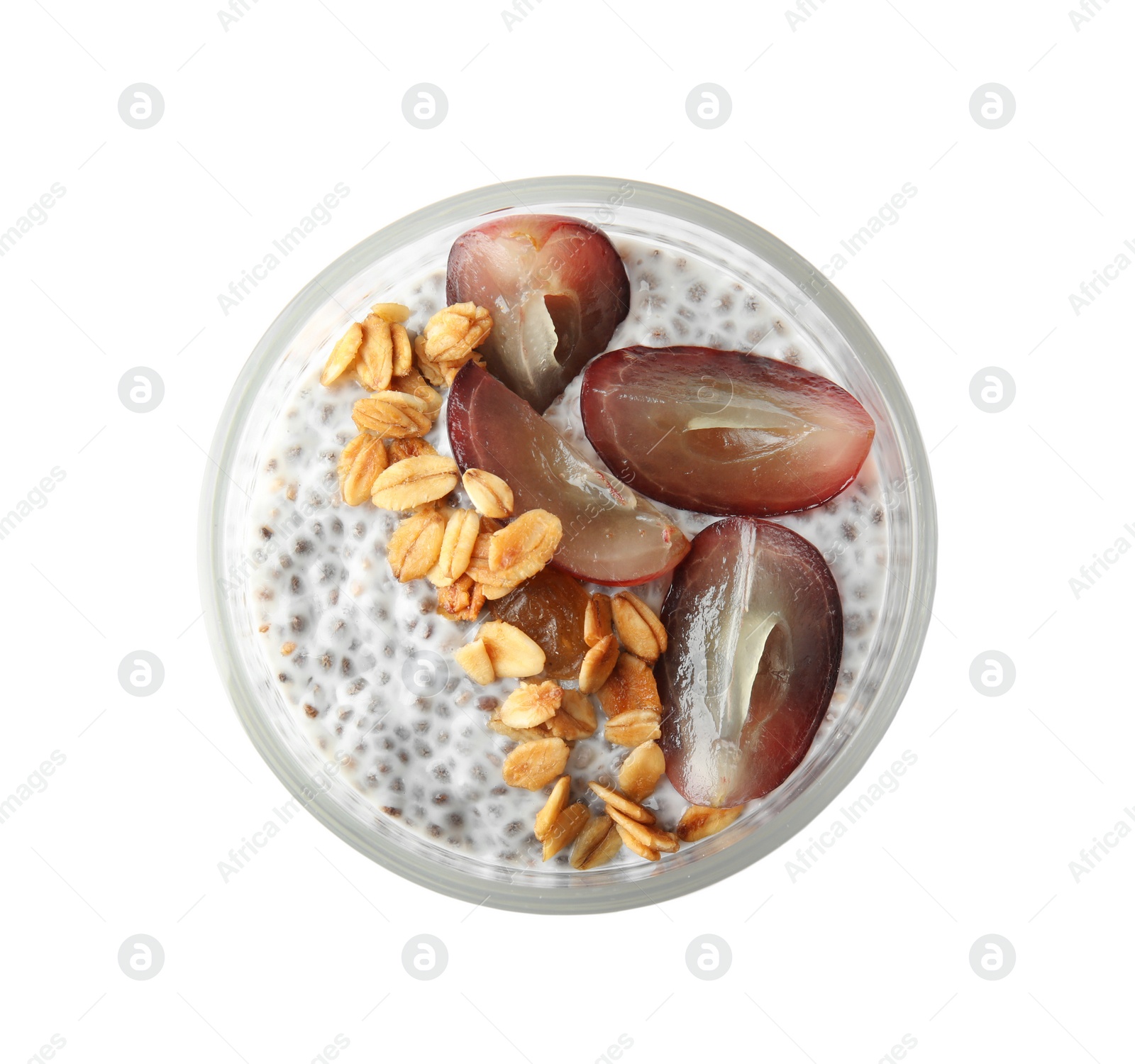 Photo of Glass of tasty chia seed pudding with granola on white background, top view