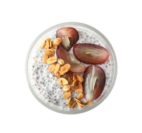 Photo of Glass of tasty chia seed pudding with granola on white background, top view