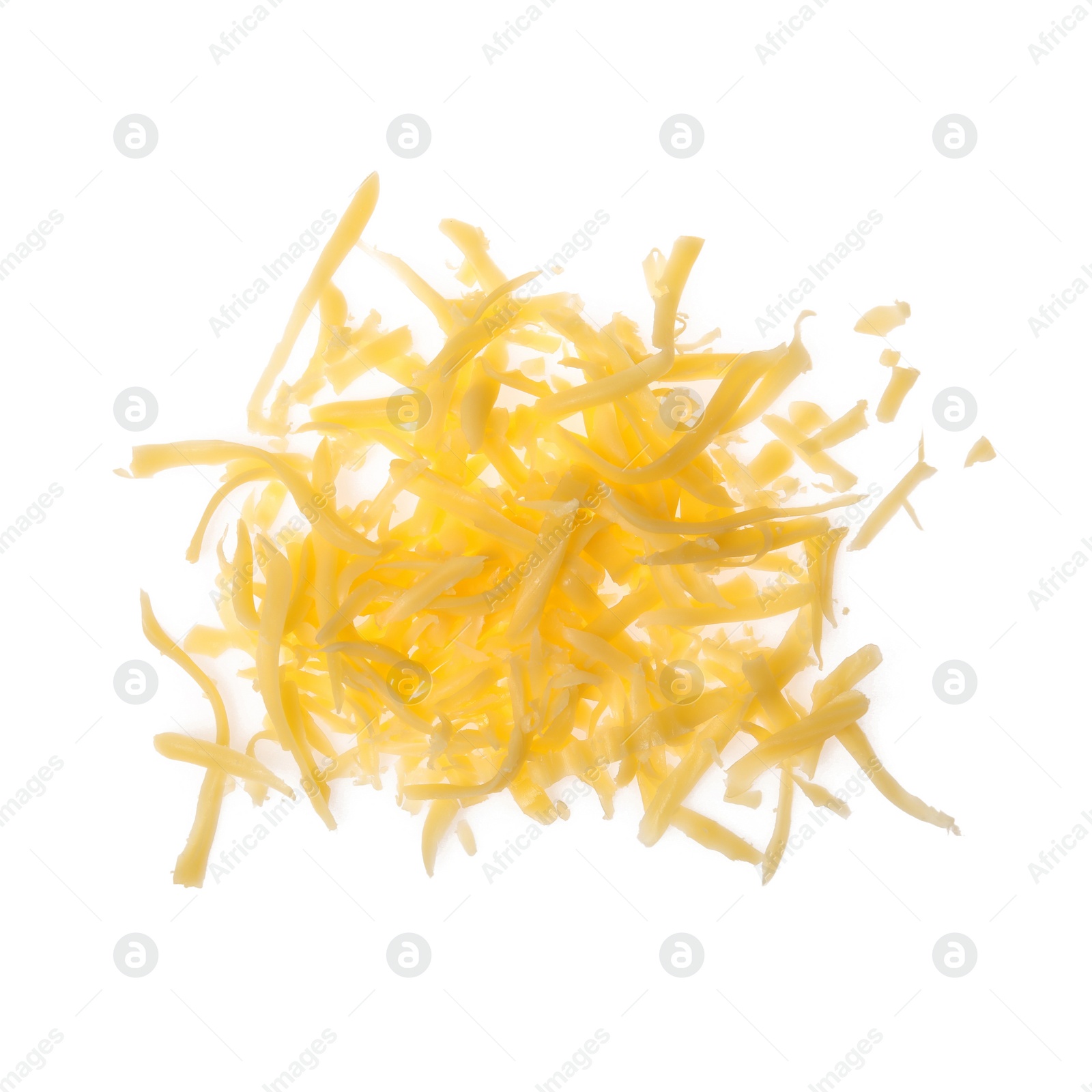 Photo of Pile of grated cheese on white background