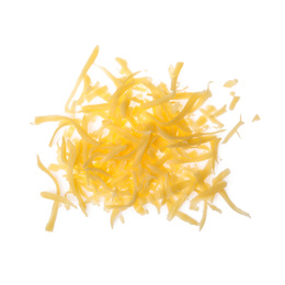 Photo of Pile of grated cheese on white background