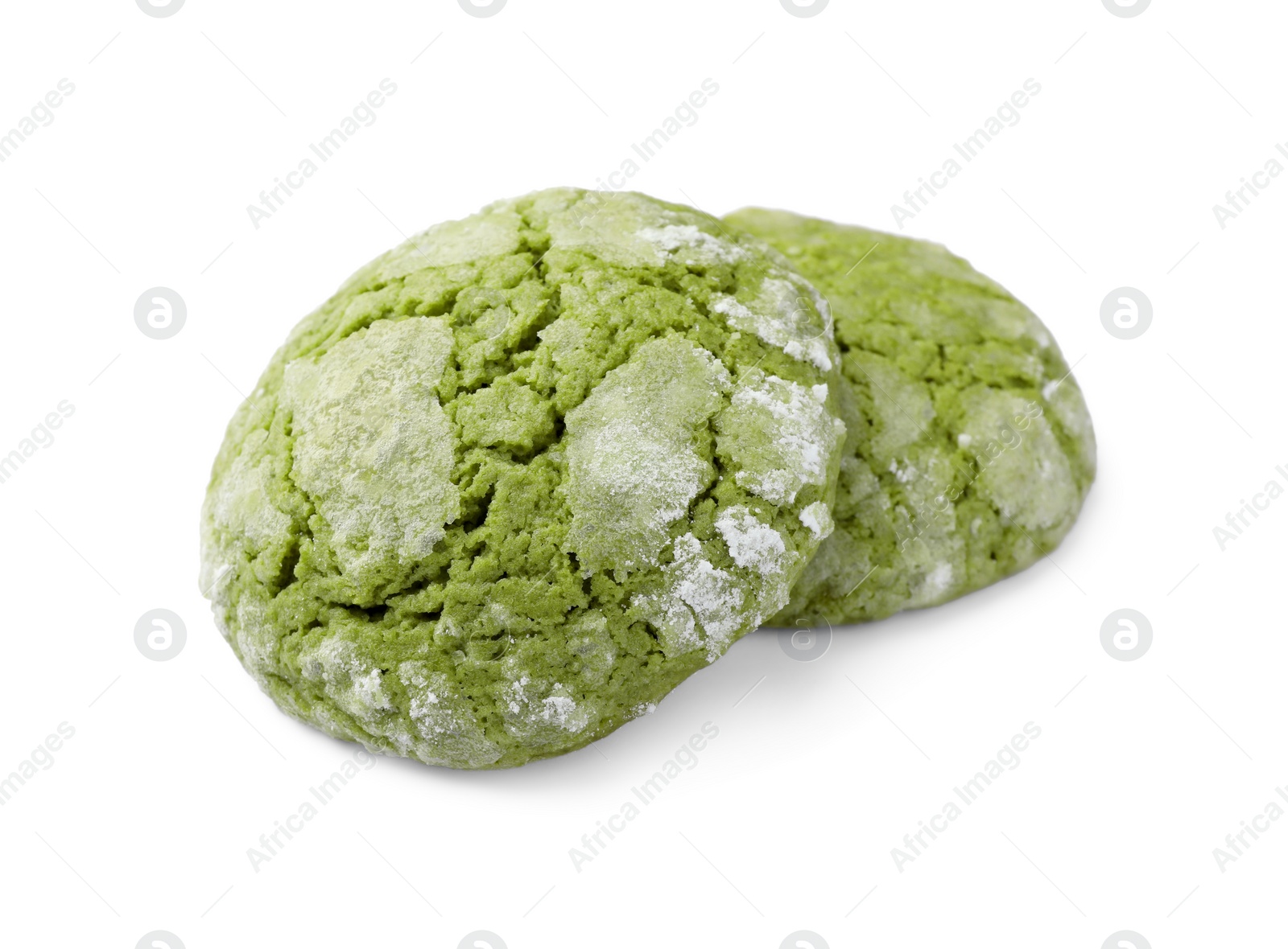 Photo of Two tasty matcha cookies isolated on white