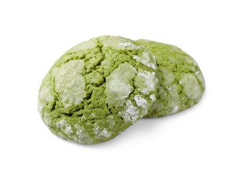 Photo of Two tasty matcha cookies isolated on white