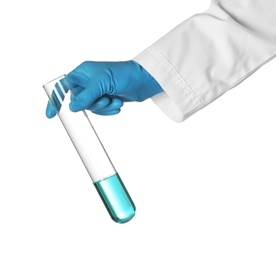 Scientist holding test tube with liquid on white background. Chemical research