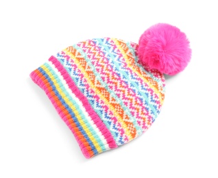 Warm knitted hat with pink pompom on white background